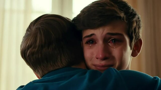 Teen boy crying on friend's shoulder while being comforted in softly lit home. Concept of emotional vulnerability and support