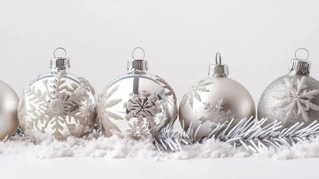 A festive arrangement of silver Christmas ornaments and garland sitting on top of snow, creating a festive holiday scene. The metallic tones offer a modern, minimalist twist.
