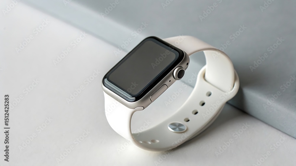 Poster a modern smartwatch with a white silicone strap resting on a minimalistic white and grey surface dis