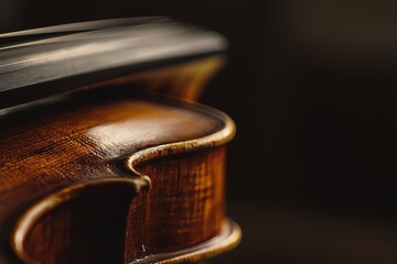 Elegant selective focus violin surface under gentle lighting on blurred background. Ideal for use in concert posters, music school brochures and articles about classical music