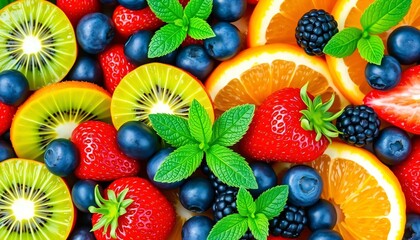 Obraz premium Sliced Fruits like Kiwi, Orange and Berries with Mint Leaves