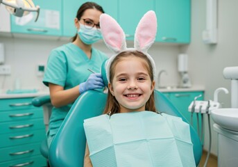 Happy girl with bunny ears at the dentist