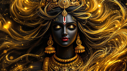 A majestic and surreal portrait of a divine Hindu deity, depicted in a black and gold palette with dramatic, textured brushstroke effects. 