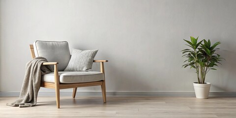 Scandinavian Minimalist Interior Scene – Wooden Chair, Plant, Neutral Wall – Perfect for Ads, Marketing Design, Branding, Logo Mockup, and Product Presentation