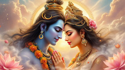 A divine romantic painting of Lord Shiva and Goddess Parvati in an intimate, serene moment. Lord Shiva is depicted with a calm expression, blue skin, adorned with a crescent moon in his hair, 
