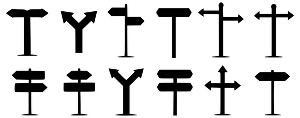 Direction Signpost and Road Sign Vector Icon Set in Silhouette Style © ThE MHM