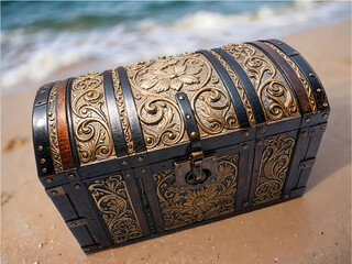 engraved patterns craftsman wooden treasure chest on beach