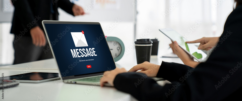 Poster email notification message showing on computer screen snugly. digital marketing message information 