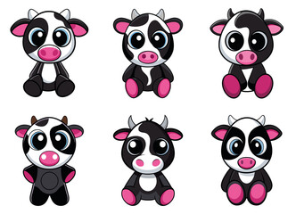 Six adorable cartoon cows isolated on a white background