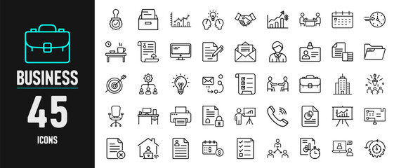 Set of forty-five business monochrome line icons