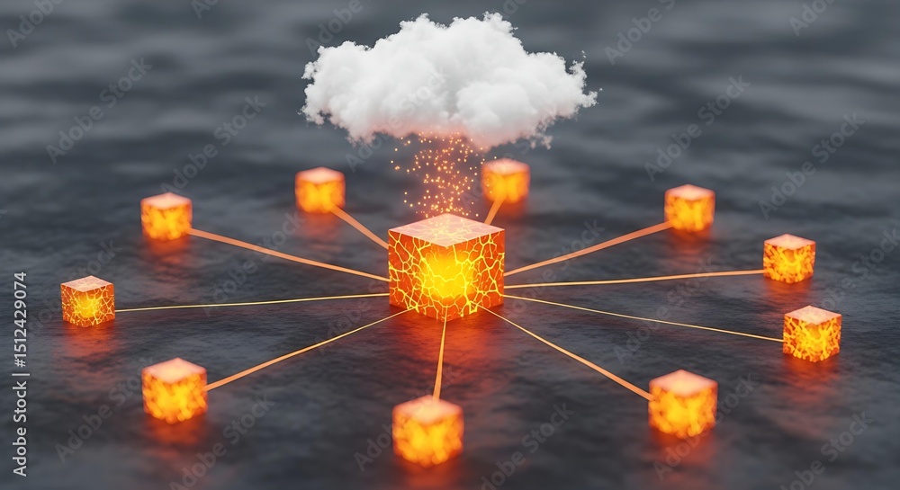 Aufkleber Cloud computing connecting glowing blocks. Data transfer in blockchain network or distributed system. Modern digital technology concept.
