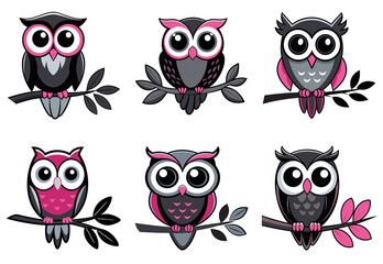 Six cute cartoon owls on branches isolated on a white background