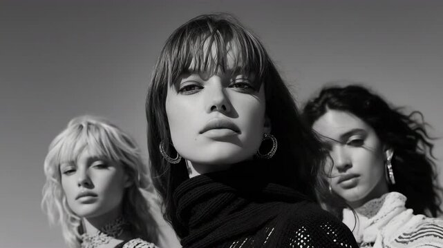 Trio of Fashionable Women in Knitted Sweaters Under Clear Blue Sky
