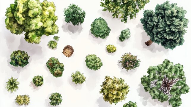 Hand-painted watercolor trees and planst. Top down view of plants, shrubs, paths landscape design materials for architecture plans. Landscape layout plan and architecture drawing elements