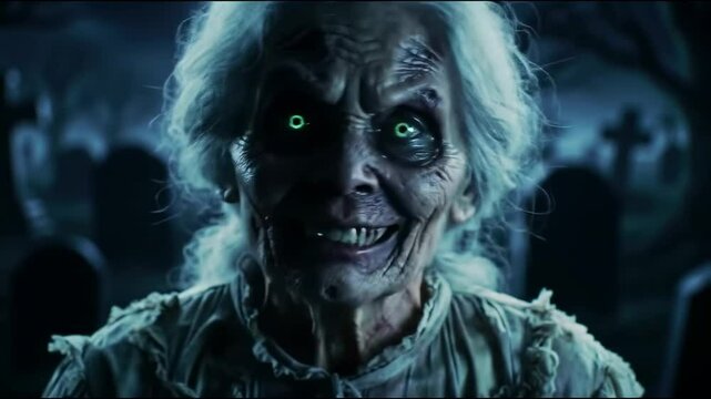 Zombie old woman with glowing eyes and evil smile in graveyard. Halloween undead horror  
