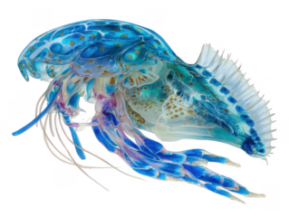 A stunning blue jellyfish with intricate patterns and delicate tentacles floats gracefully against a clean white background in this captivating macro photograph.