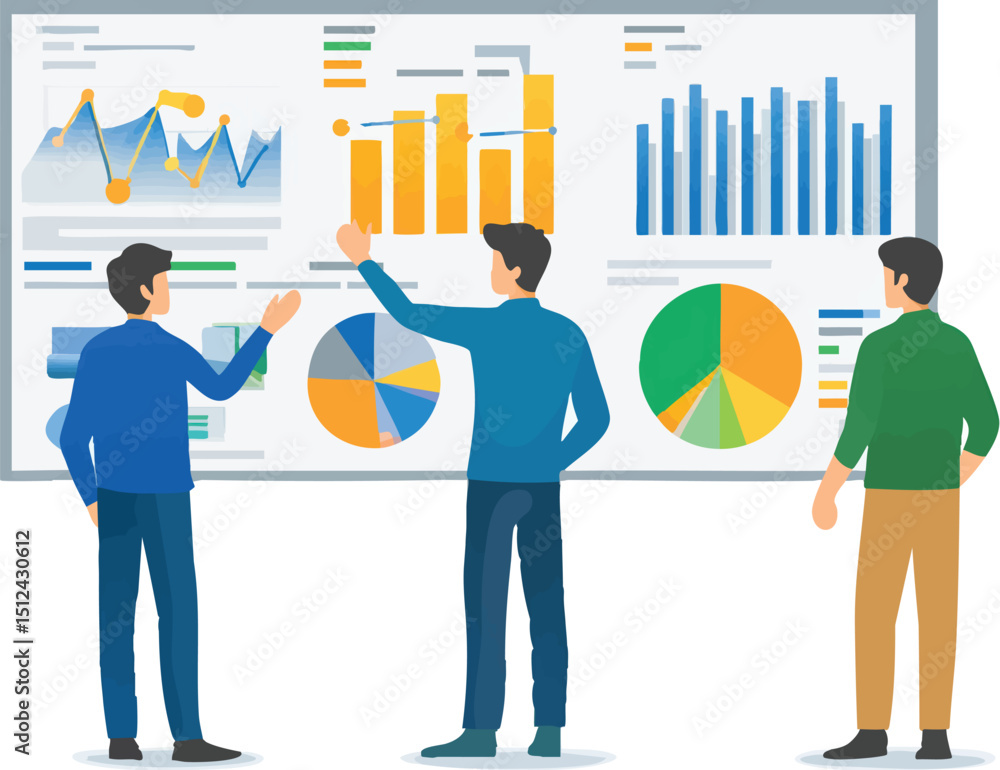 Poster three people analyzing data represented in graphs on a large white board