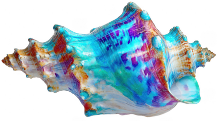 A vividly colored sea with swirling patterns of blue, purple, green, and orange sits isolated against a clean white background in this striking image.