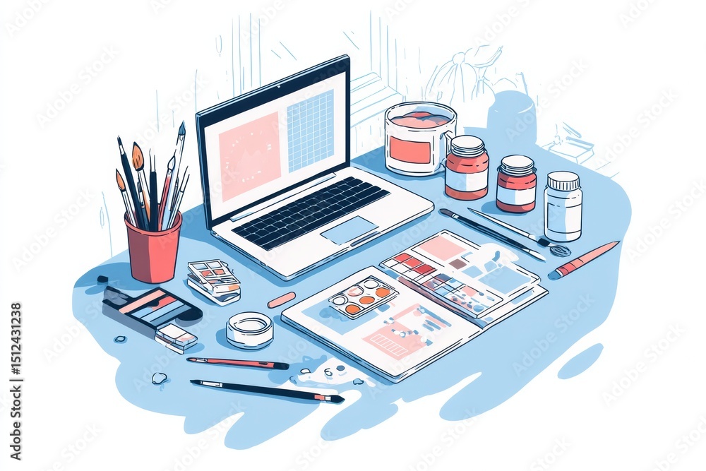 Poster creative portfolio design process illustrated with art tools on a workspace showcasing layout softwa