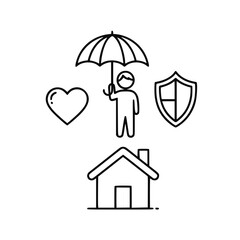 Person protected by umbrella, heart, and shield above house, for insurance concept