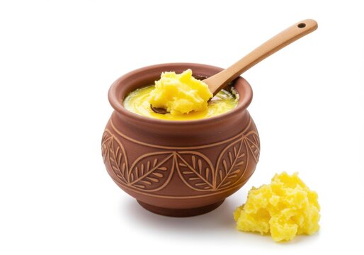 Ghee in clay pot with wooden spoon isolated on white background