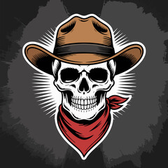 Cowboy Skull with Hat and Bandana &ndash; Black and White Western Tattoo Style Vector Illustration
