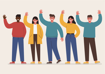 Flat Vector Of Diverse Group of People Waving Hello or Goodbye