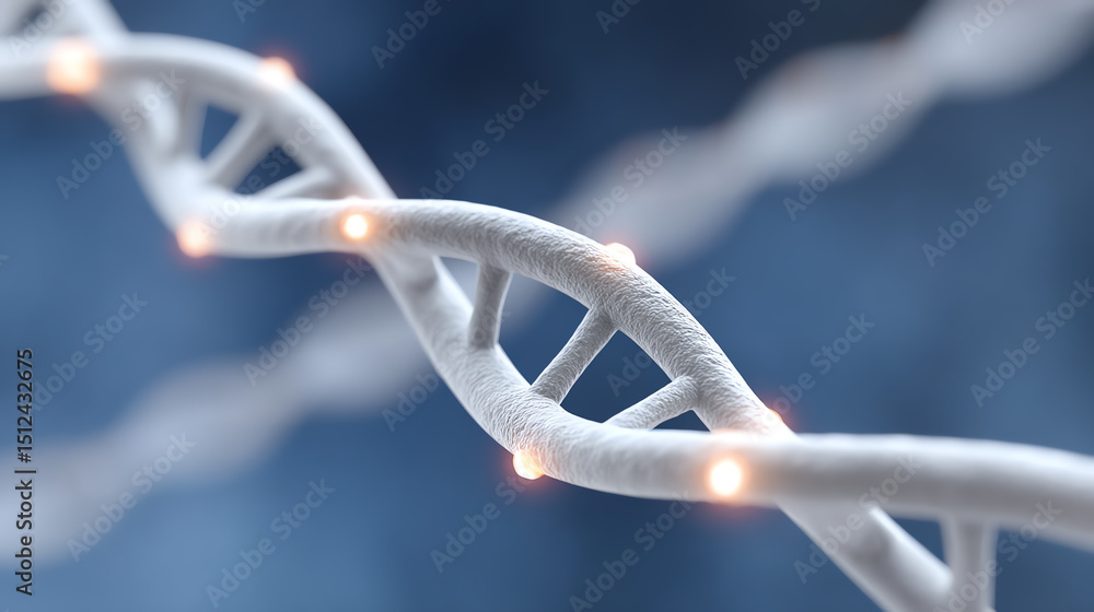 Poster a close-up view of a dna double helix structure illuminated by subtle lights, representing genetic r