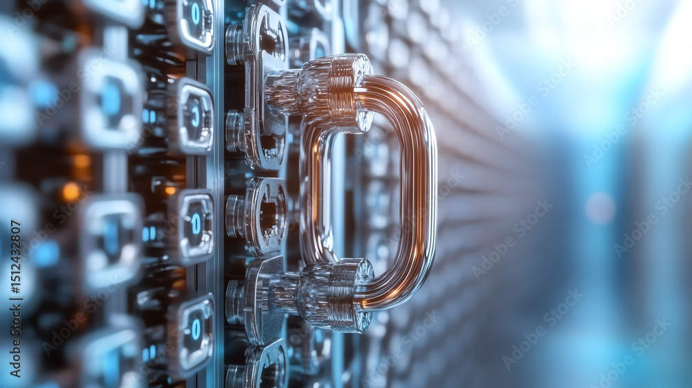 Aufkleber A close-up view of a transparent padlock on a digital database, symbolizing security and protection of data in a high-tech world.