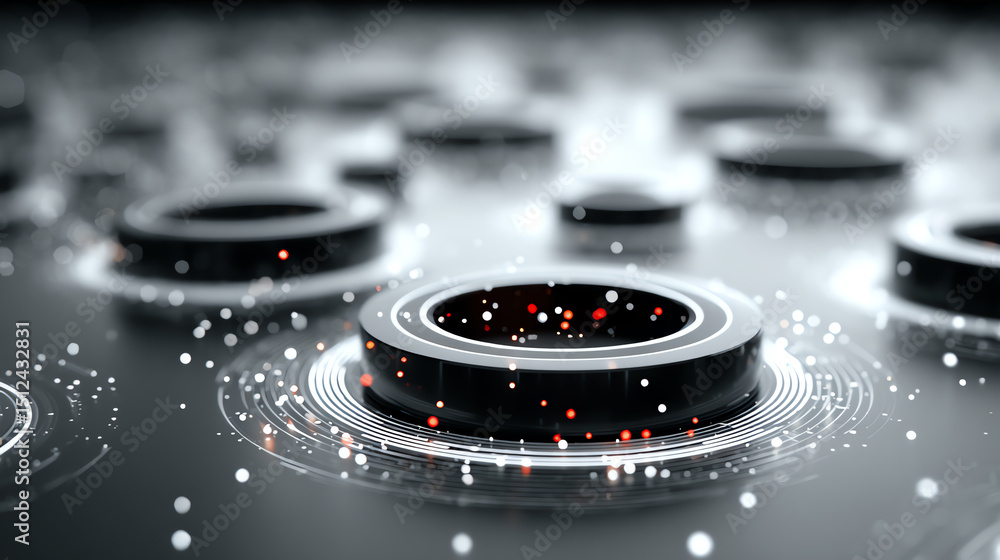 Poster a close-up view of an abstract tech design featuring circular patterns with glowing dots, creating a