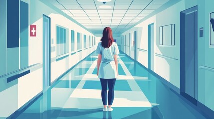 people, medicine, healthcare and sorrow concept - sad or crying female nurse at hospital corridor illustration , no logos, no brands