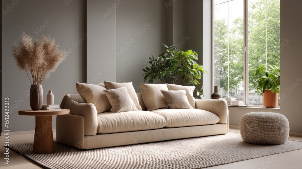 Poster beige modern sofa is placed in a stylish home with natural light streaming through large windows. th