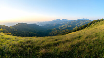 Fototapeta premium Panoramic View Of Mountain Valley At Sunrise