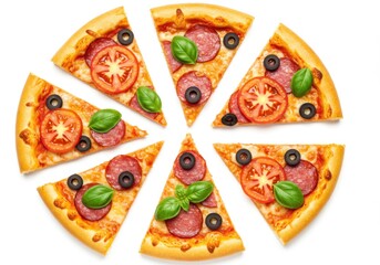 Delicious salami pizza slices arranged in a circle