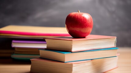 Stack of hardbound textbooks vibrant covers arranged on a desk topped with a shiny red apple symbolizing academic success and traditional education themes cut out on isolated transparent background