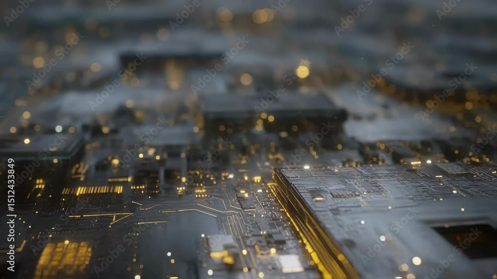 Poster golden electrical current flows through the intricate layers of a flexible circuit board, embedded w