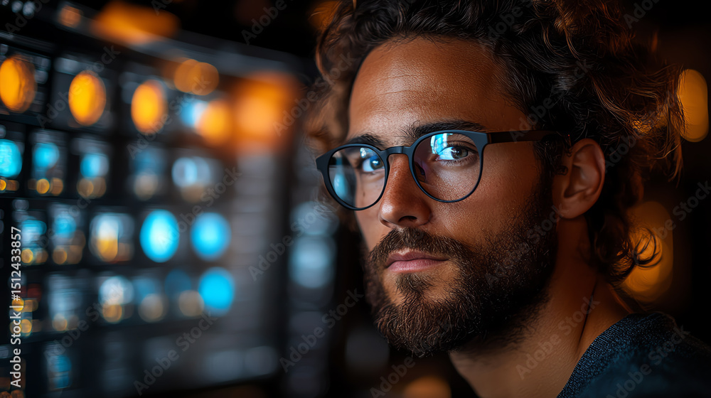 Fototapete a focused young man with glasses working at a computer, surrounded by screens displaying various dat