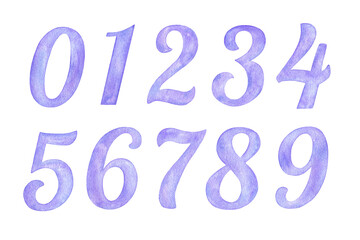 Hand painted watercolor Violet numbers 0-9 isolated on a white background.