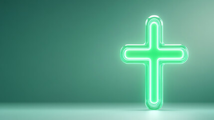 Obraz premium A glowing green neon cross symbol illuminated against a soft background, representing faith, hope, and spirituality.