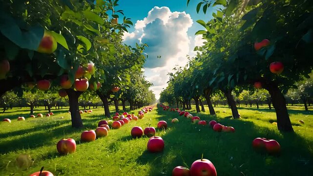 Lush apple orchard with rows of fruit-laden trees under a bright blue sky and scattered clouds with ripe red apples fallen on green grass


