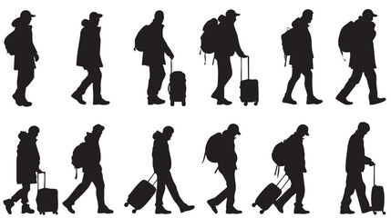 Man Pushing luggage Silhouette Vectors , black silhouettes isolated on white background