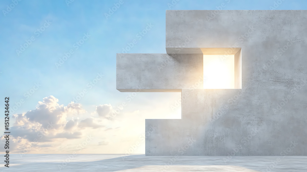 Poster a modern concrete structure with an opening showcasing sunlight and clouds, representing minimalisti