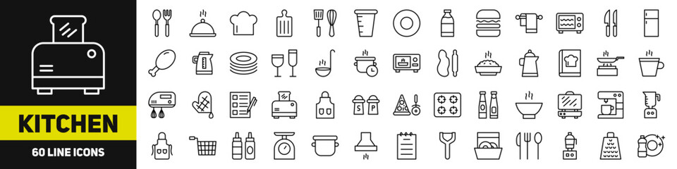 Linear set of kitchen icons. Vector kitchen and cooking icons