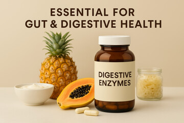 Pineapple, papaya, yogurt and a bottle of digestive enzyme supplements are displayed on a table, providing essential nutrients for maintaining optimal gut and digestive health.