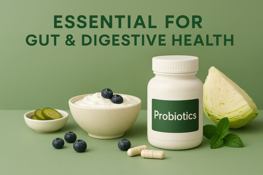 Probiotics supplements, yogurt, cabbage, cucumber and blueberries are displayed on a green background, representing essential nutrients for gut and digestive health.