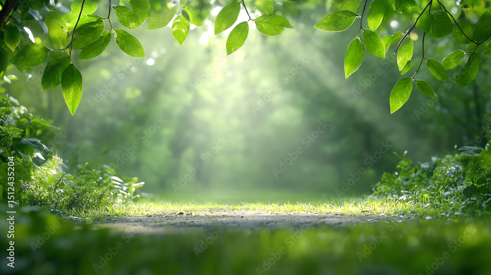 Poster a serene forest scene with sunlight filtering through lush green leaves, creating a peaceful and tra