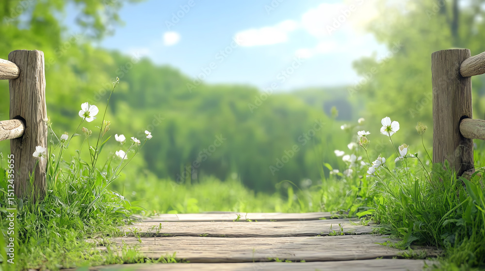 Poster a serene path surrounded by lush greenery and blooming flowers, inviting exploration in a tranquil n