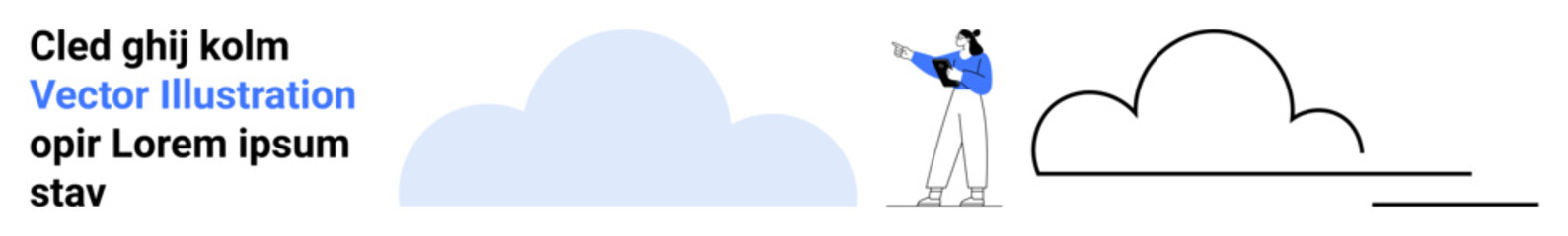 Minimal illustration of a person gesturing toward abstract cloud shapes, combining bold lines and soft colors. Ideal for creativity, aspiration, simplicity, vision, clarity, guidance, and a clean