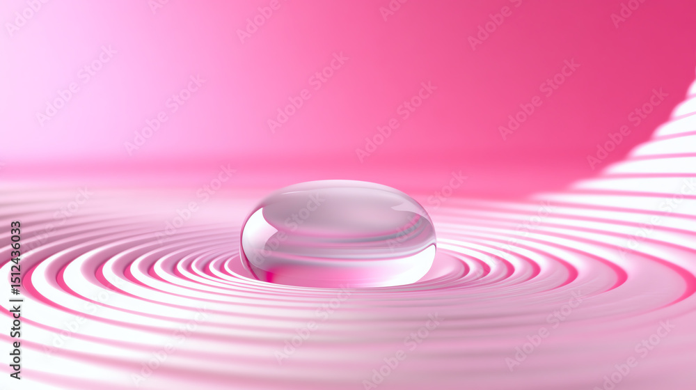 Poster a serene water droplet creating ripples on a pink surface, symbolizing calmness and tranquility in a