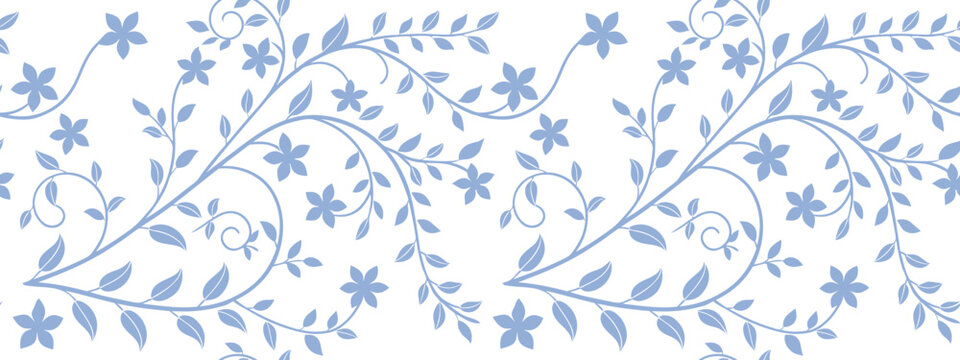 Delicate floral swirl pattern in soft blue featuring trailing vines, tiny leaves, and simple blossoms. Ideal for fabric, wallpaper, or digital backgrounds. A timeless and graceful decorative motif.